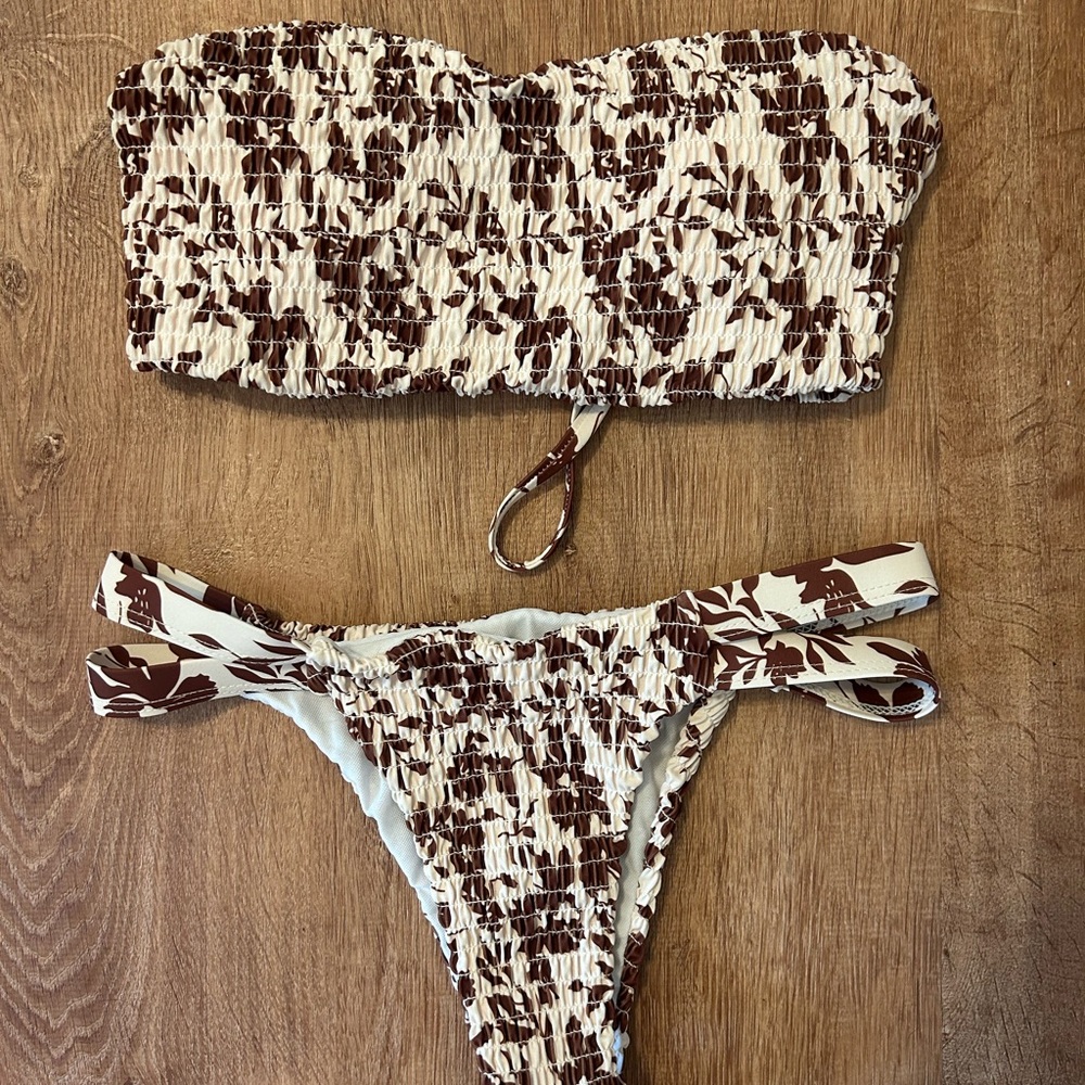 *SOLD* Brown and White Ruched Bikini Set